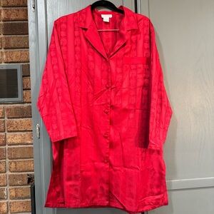 Cerie Vintage Red Satin Button-Front Long Pajama Shirt